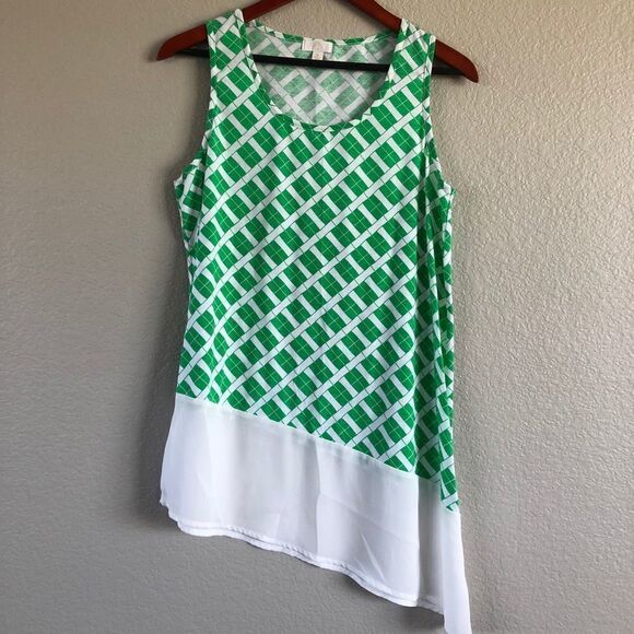 Charming Charlie Asymmetrical Green White Print Blouse Tank Top S - Picture 1 of 4